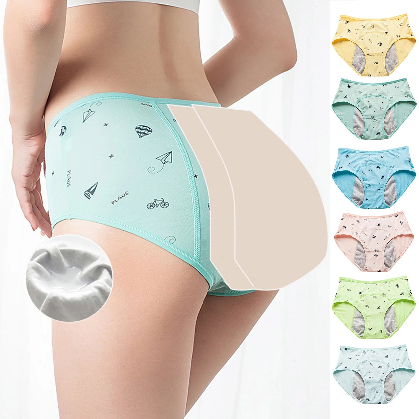 Panties for Menstruation Cotton High Waist Period Underwear Panties Cartoon Printed Lightweight Leak Proof Underpants