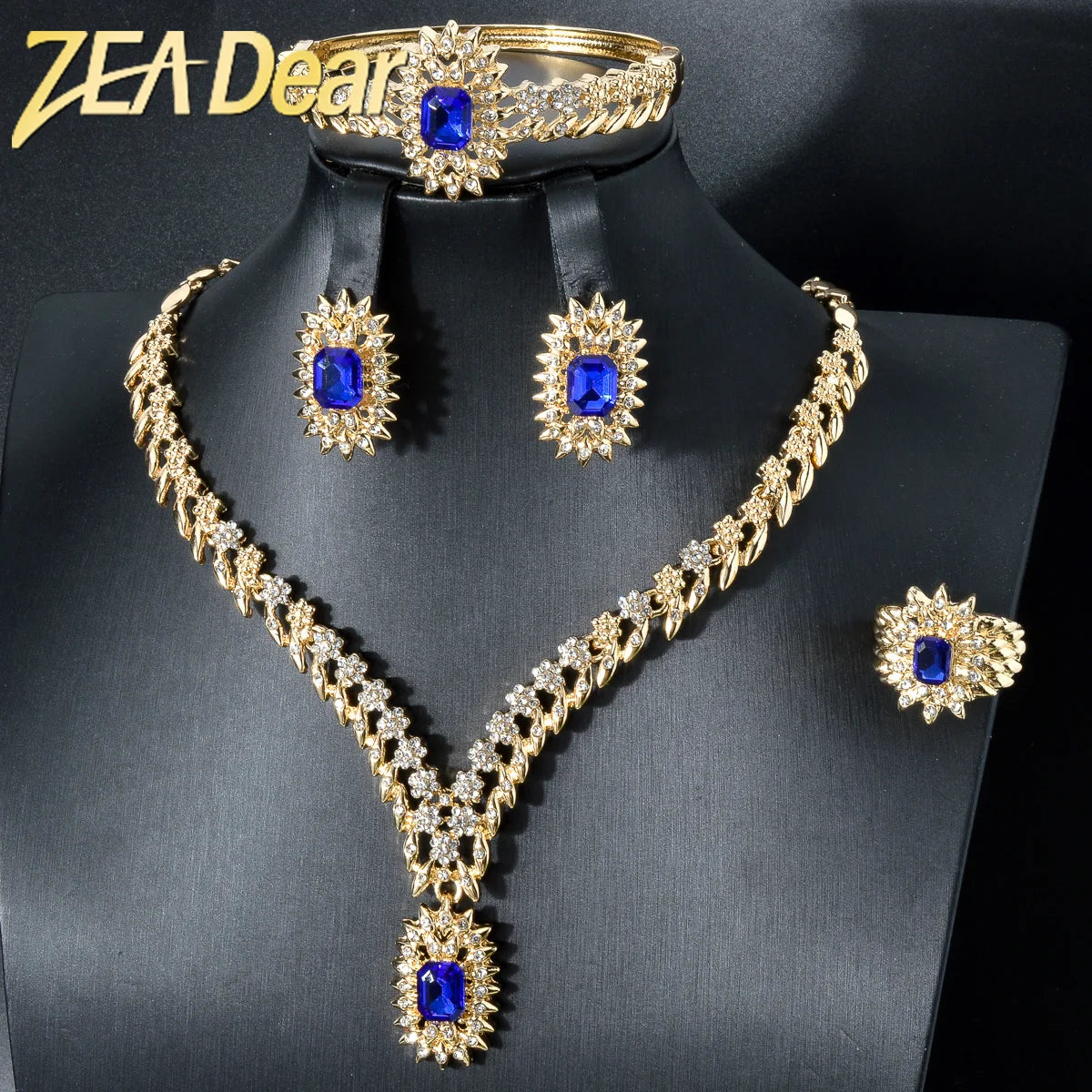ZEADear Luxury Blue Zircon Jewelry Sets 18K Gold Plated Necklace Bracelet Earrings Ring For Italy Wedding Gifts Bridal Jewelry