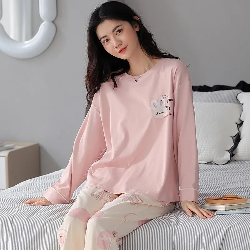 Women's Fall Winter Pajamas Women's Long-sleeved Pants Leisure Suit Women's Homewear Combed Cotton Cute Cartoon Homewear Suit Ms