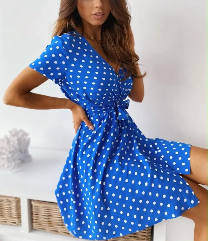 Women's Polka Dot Printed Short Sleeved Casual Dress Fashionable V-neck Belt Commuting Dress Holiday Party Women's Dress
