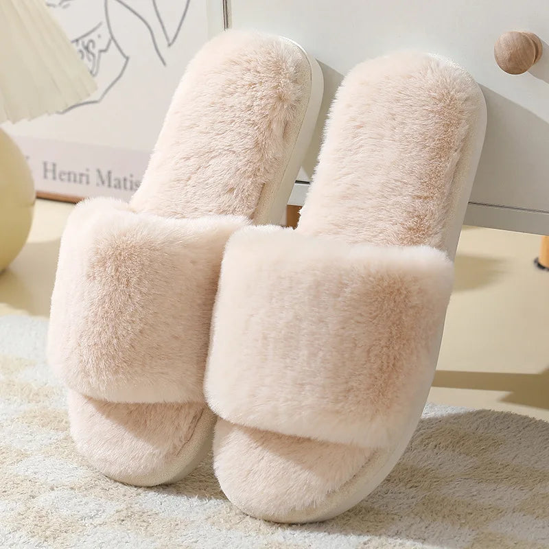 Women's Winter Open Toe House Slippers Fluffy Faux Fur Cross Strap Plush Slides Woman Solid Color Cozy Non Slip Indoor Slippers