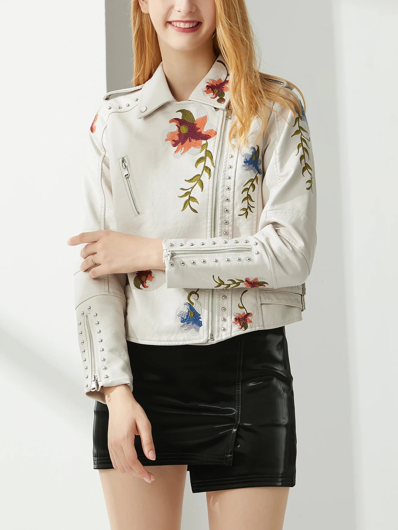 Women  Rivet Floral Embroidery Coat Lady Moto Biker Black Punk Leather Jacket Faux PU Leather Outerwear