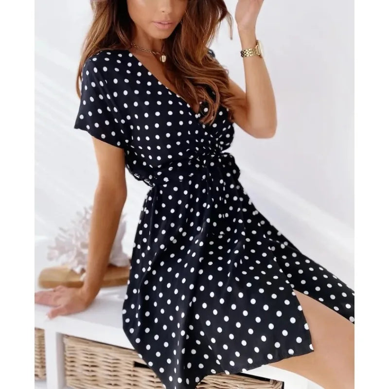 Women's Polka Dot Printed Short Sleeved Casual Dress Fashionable V-neck Belt Commuting Dress Holiday Party Women's Dress