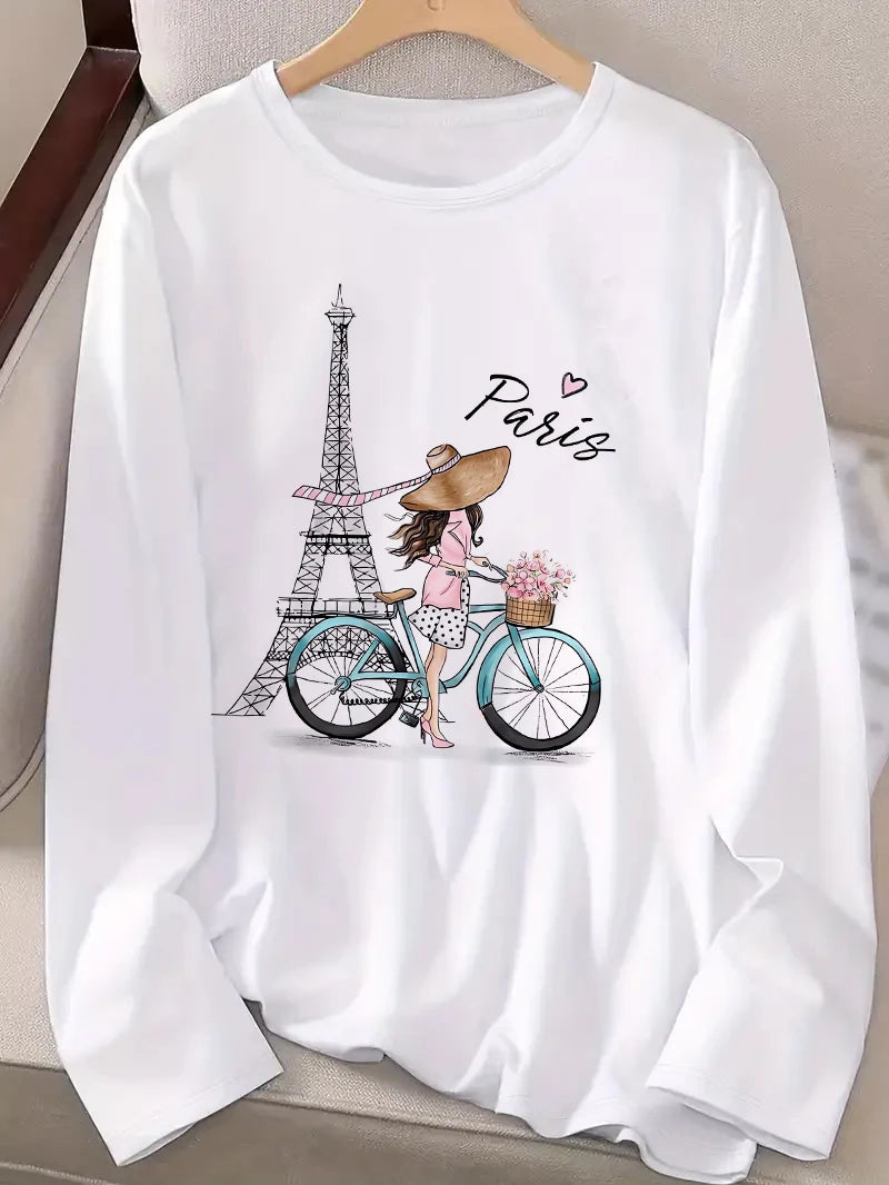 Long Sleeved Top Y2k Paris Girl with Bike T Shirt Women's Casual Long Sleeve T-Shirt Crew Neck Top Tee Tshirt