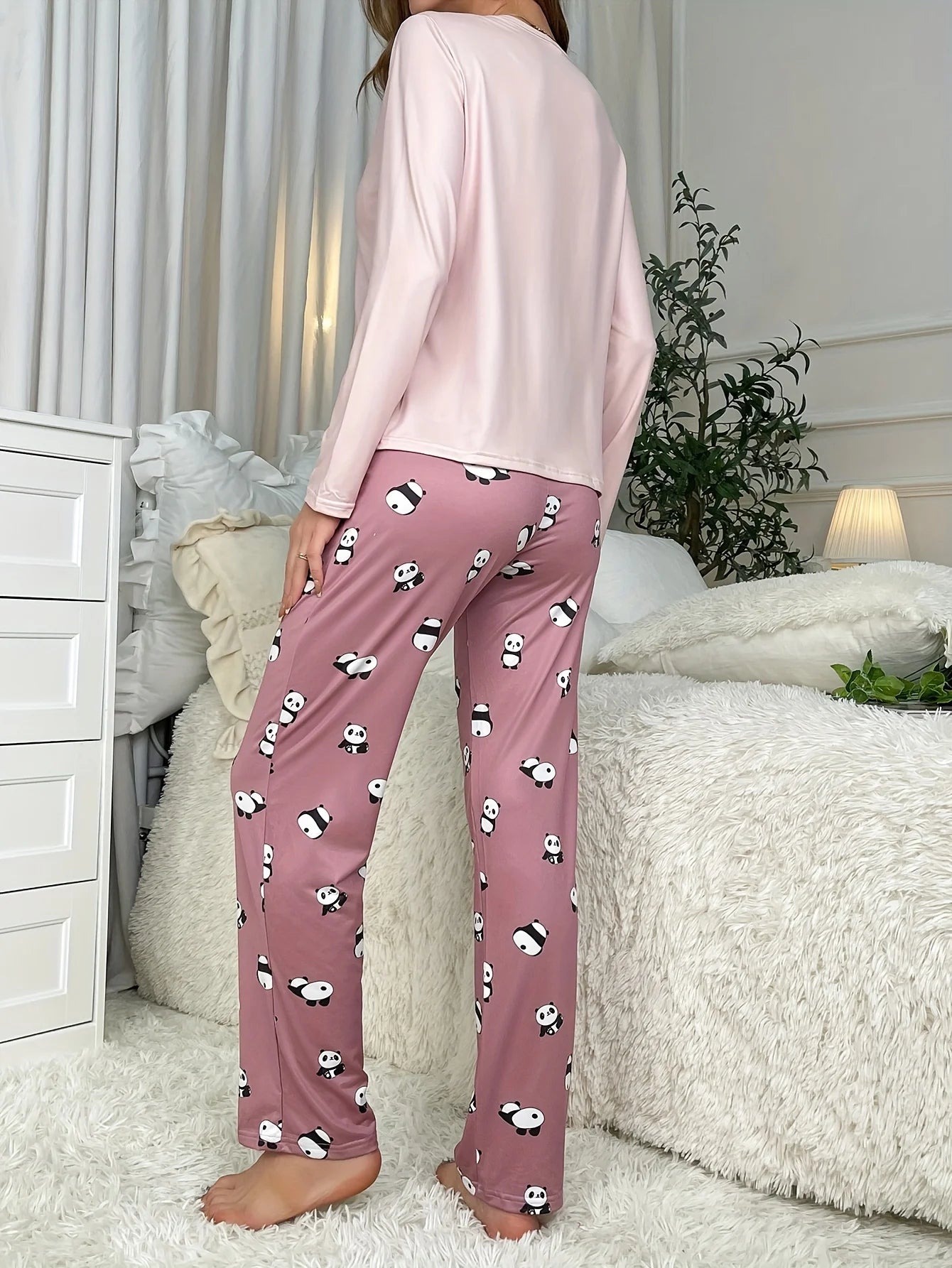Women's new style pajamas set Cute Panda long sleeve pants two-piece casual home wear