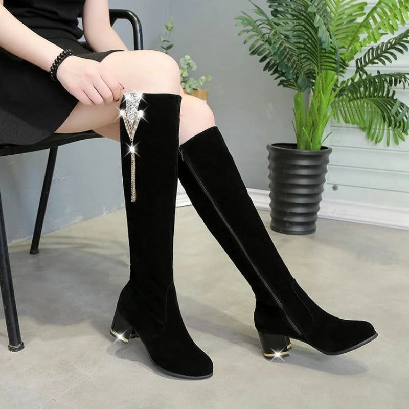 Heels Women's Boots Side Zippers  Women's Long Boots Thick Heels High Shoes for Women High Heels  Autumn Winter New