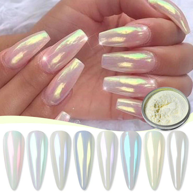 1 Box Aurora White Chrome Nail Powder Sparkling Mirror Pearl Pigments Nail Glitter White Rubbing Dust Nail Art Manicure Decorate