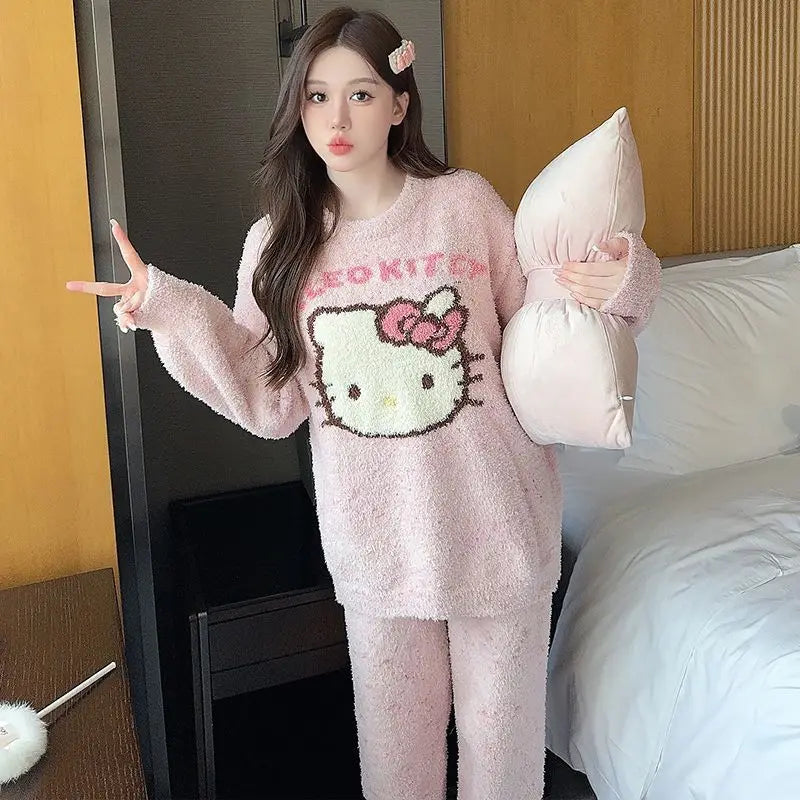 Hello Kitty Women's Fall Winter Coral Fleece Plush Pajama Set Soft Fluffy Cozy Sleepwear & Home Loungewear