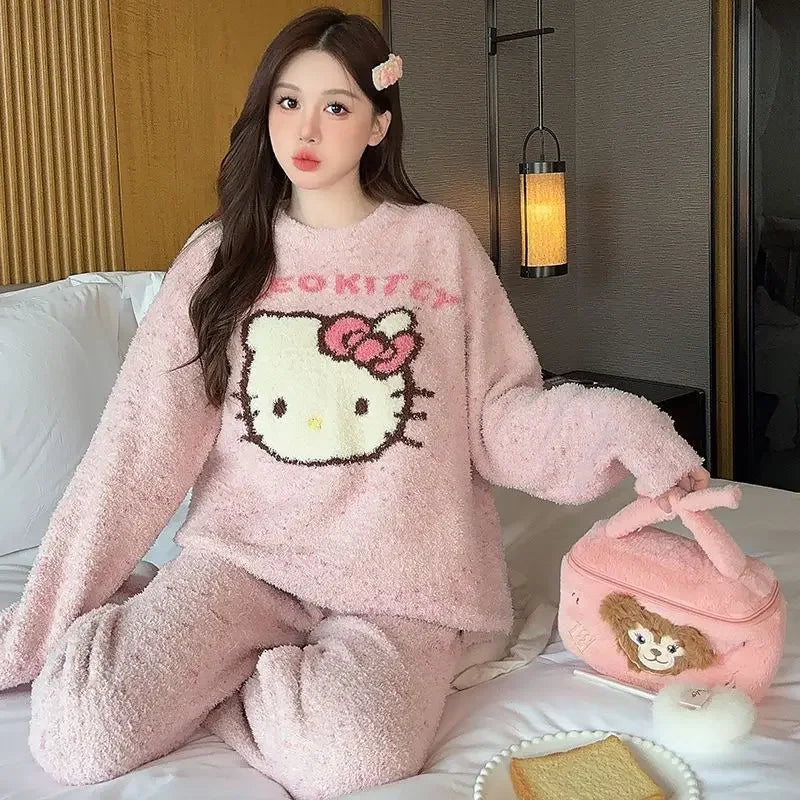 Hello Kitty Women's Fall Winter Coral Fleece Plush Pajama Set Soft Fluffy Cozy Sleepwear & Home Loungewear