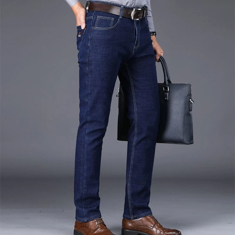 Autumn and Winter New Male Business Casual Stretch Trousers Concise Blue Denim Pants Men's Loose Straight Jeans Jeans for Man