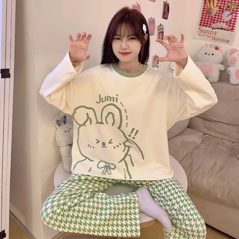 Women's Fall Winter Pajamas Women's Long-sleeved Pants Leisure Suit Women's Homewear Combed Cotton Cute Cartoon Homewear Suit Ms