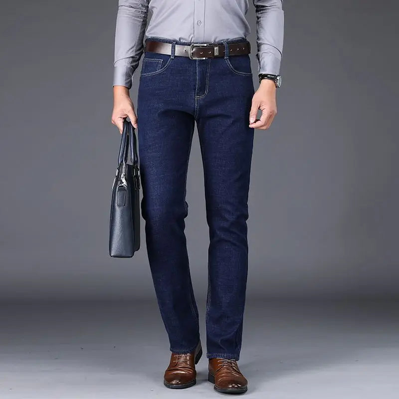 Autumn and Winter New Male Business Casual Stretch Trousers Concise Blue Denim Pants Men's Loose Straight Jeans Jeans for Man