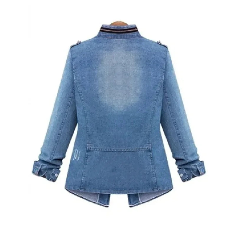 Ripped Stand Collar Long Sleeve Women Slim Washed Denim Jackets Coat Cardigan Spliced Distressed Outerwear Casual Zipper
