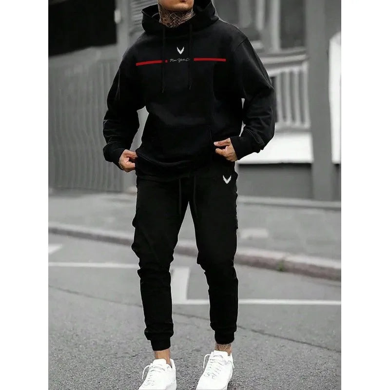 Fashionable cross-border winter new men's pullover hooded set, printed logo letters, loose-fitting hooded jacket