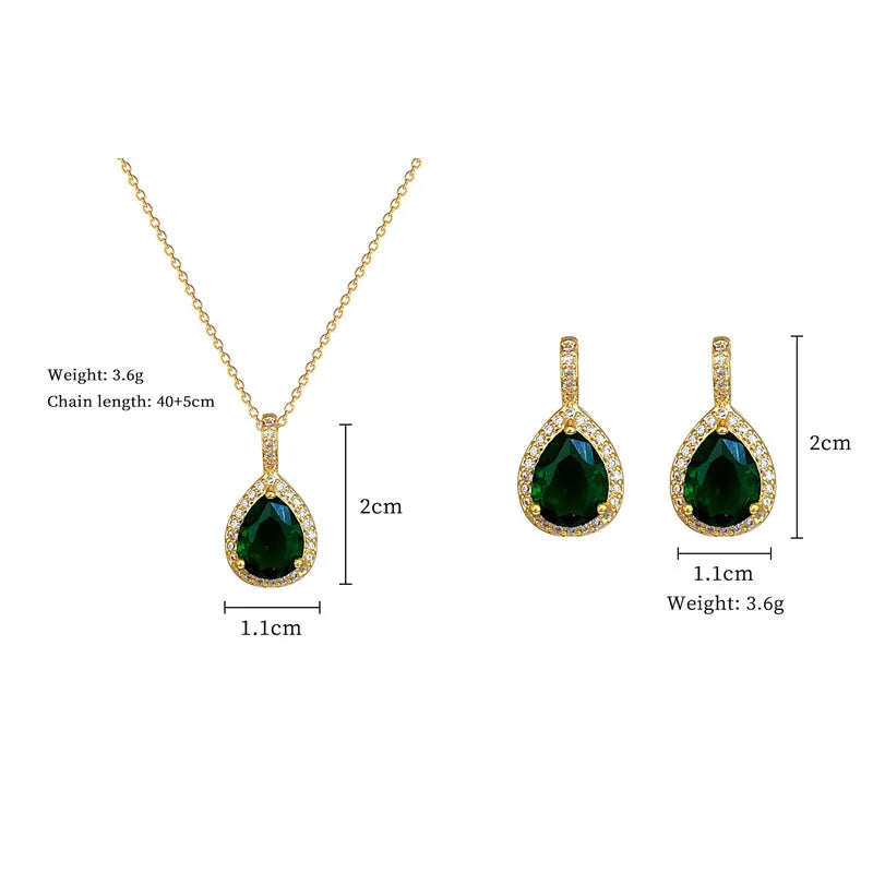 Luxury Water Drop with Green Stone Pendant Necklace Earrings Set for Women Trend Crystal Stainless Steel Jewelry Sets Party Gift