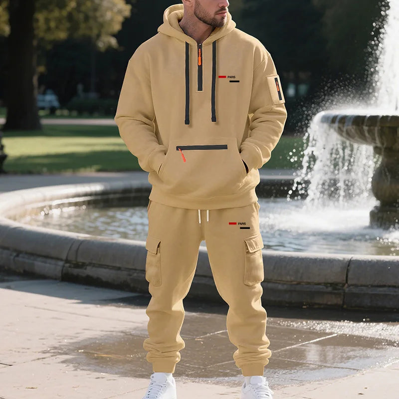 Winter men's fleece hooded sweatshirt, loose casual sports workwear jacket, half zip sweatshirt, couple style fashionable sports