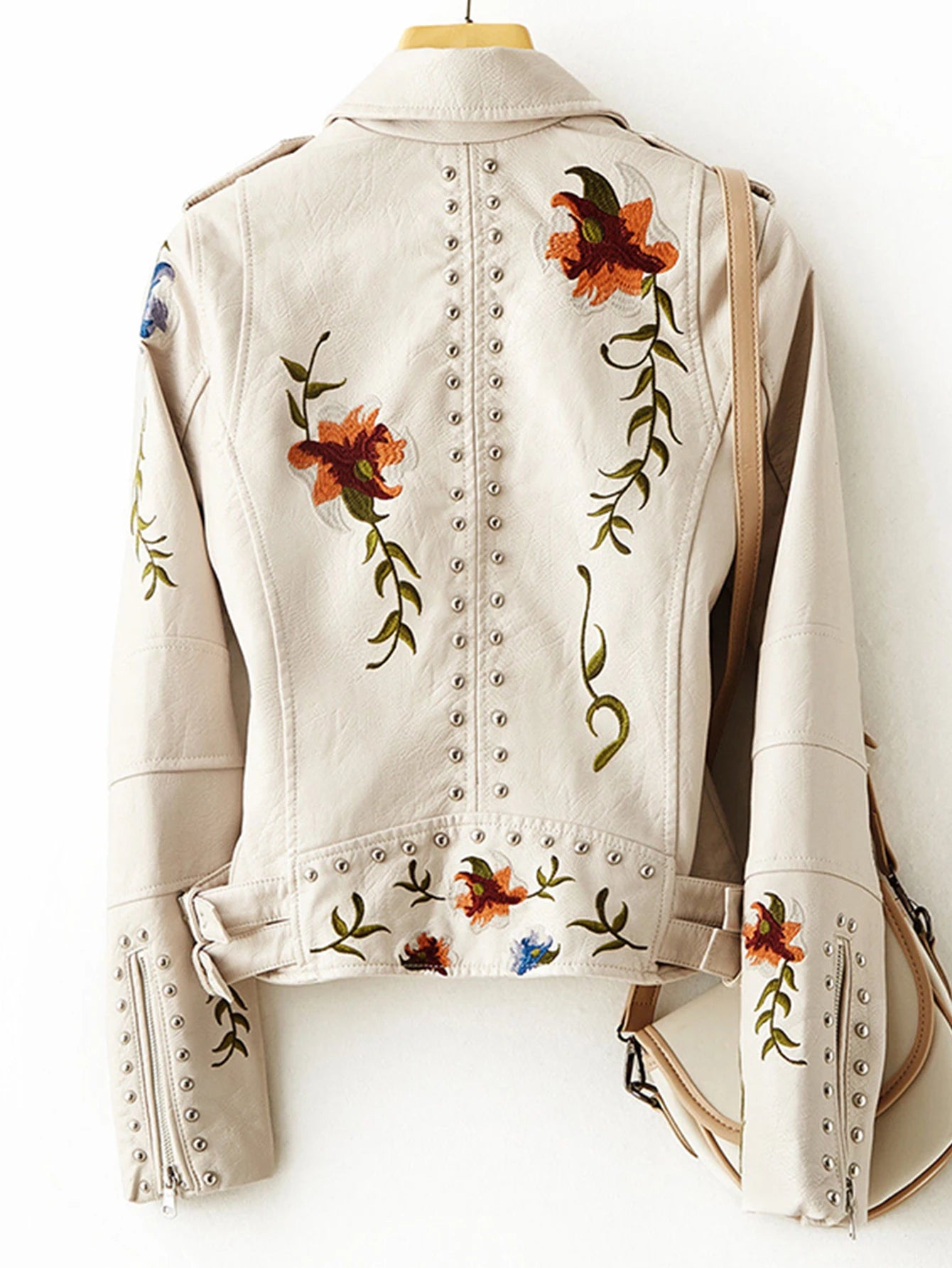 Women  Rivet Floral Embroidery Coat Lady Moto Biker Black Punk Leather Jacket Faux PU Leather Outerwear