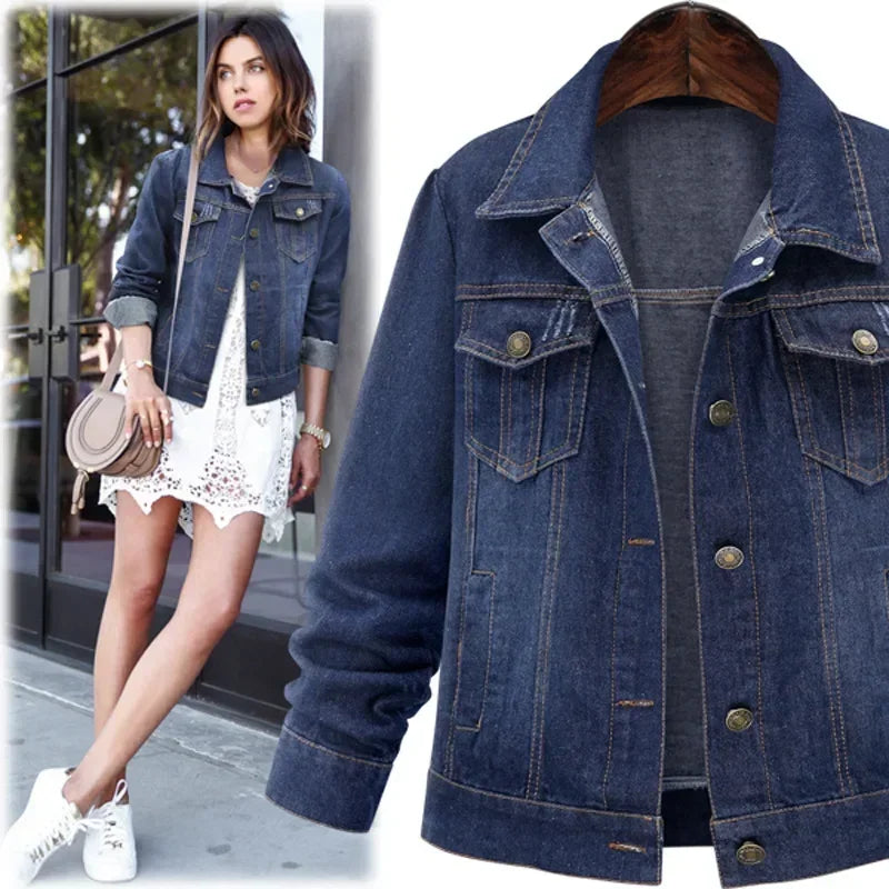 Women Denim Coat Single Breasted Button Solid Color Jackets Turn Down Collar Pockets Streetwear Autumn High Street Casual