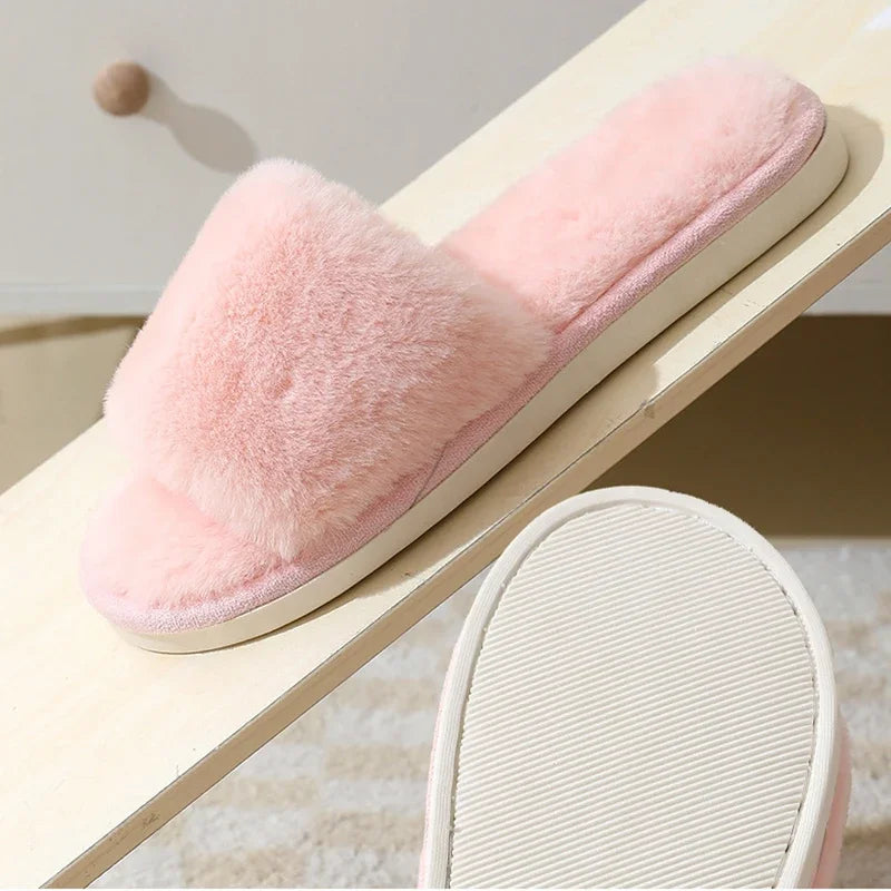 Women's Winter Open Toe House Slippers Fluffy Faux Fur Cross Strap Plush Slides Woman Solid Color Cozy Non Slip Indoor Slippers