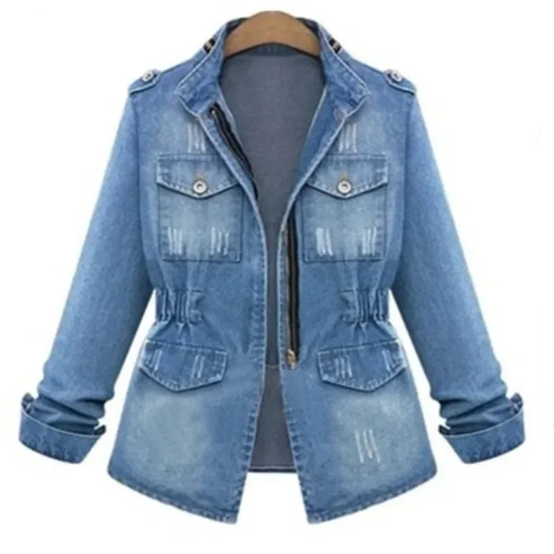 Ripped Stand Collar Long Sleeve Women Slim Washed Denim Jackets Coat Cardigan Spliced Distressed Outerwear Casual Zipper