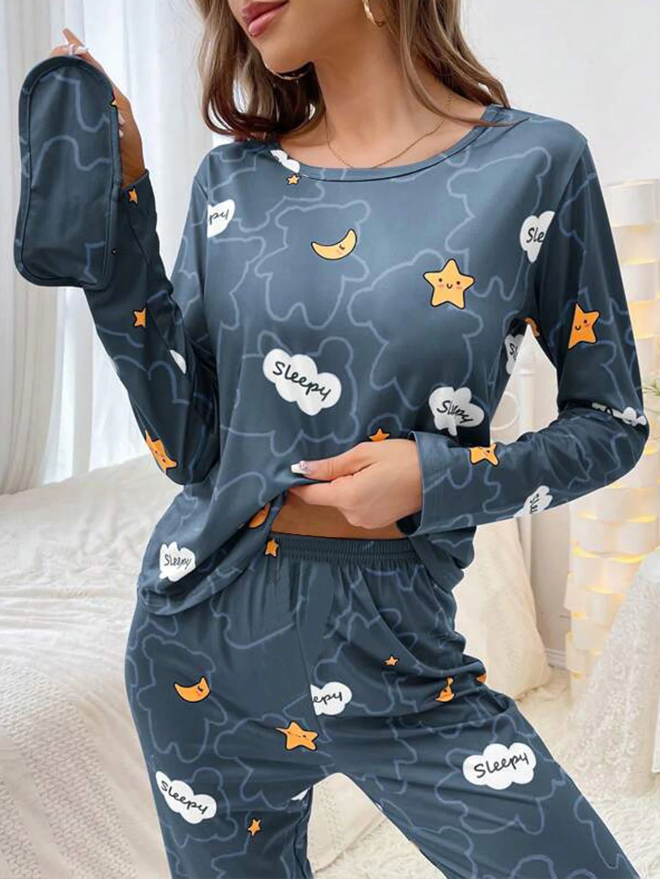 Women Pajama Set Cloud Moon Star Print Long Sleeve Round Crew Neck Top Elastic Pant  With Eye Mask Women's Sleepwear Loungerwear