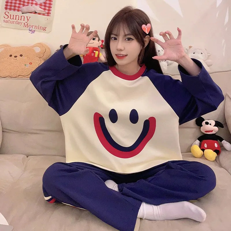 Women's Fall Winter Pajamas Women's Long-sleeved Pants Leisure Suit Women's Homewear Combed Cotton Cute Cartoon Homewear Suit Ms