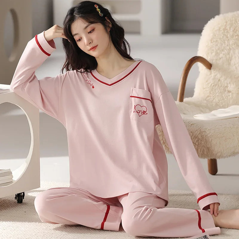Women's Fall Winter Pajamas Women's Long-sleeved Pants Leisure Suit Women's Homewear Combed Cotton Cute Cartoon Homewear Suit Ms
