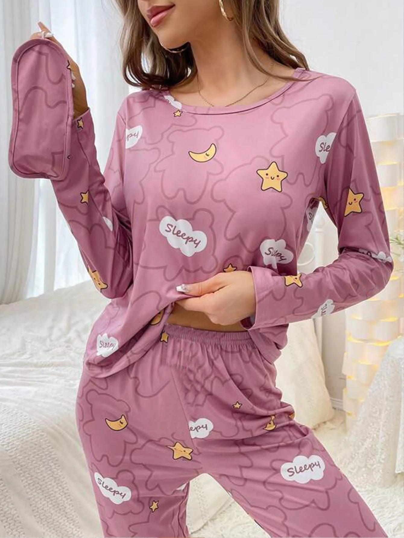 Women Pajama Set Cloud Moon Star Print Long Sleeve Round Crew Neck Top Elastic Pant  With Eye Mask Women's Sleepwear Loungerwear