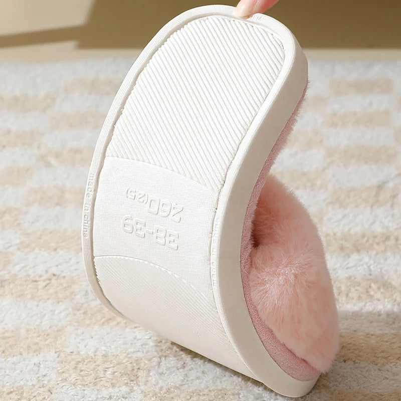 Women's Winter Open Toe House Slippers Fluffy Faux Fur Cross Strap Plush Slides Woman Solid Color Cozy Non Slip Indoor Slippers