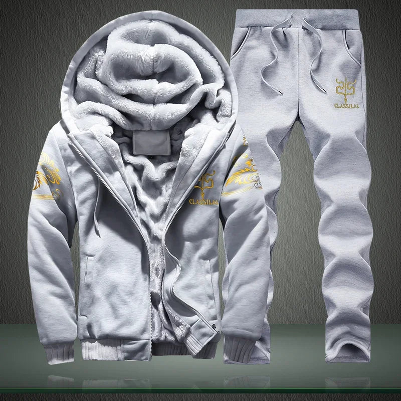 Autumn Winter Men's Sports Sets Casual Hooded Cardigan Jacket Outdoor Thick Warm Tracksuit Men Zip Up Hoodie+Pants Two-piece Set