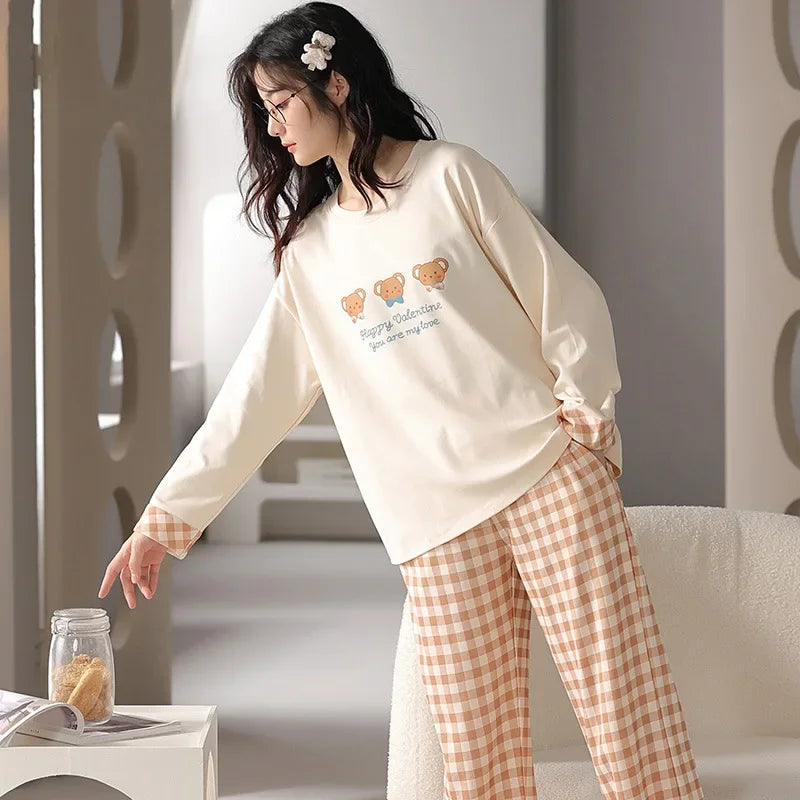 Women's Fall Winter Pajamas Women's Long-sleeved Pants Leisure Suit Women's Homewear Combed Cotton Cute Cartoon Homewear Suit Ms