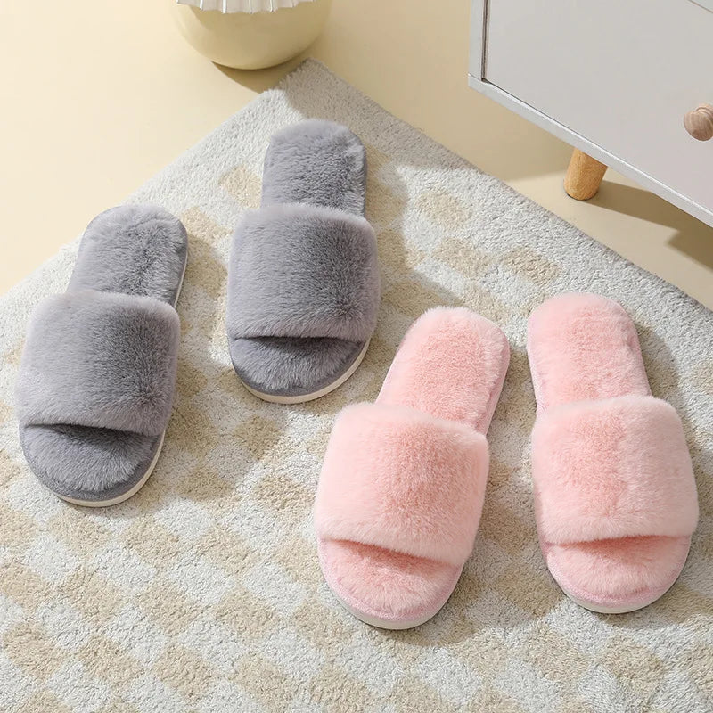 Women's Winter Open Toe House Slippers Fluffy Faux Fur Cross Strap Plush Slides Woman Solid Color Cozy Non Slip Indoor Slippers