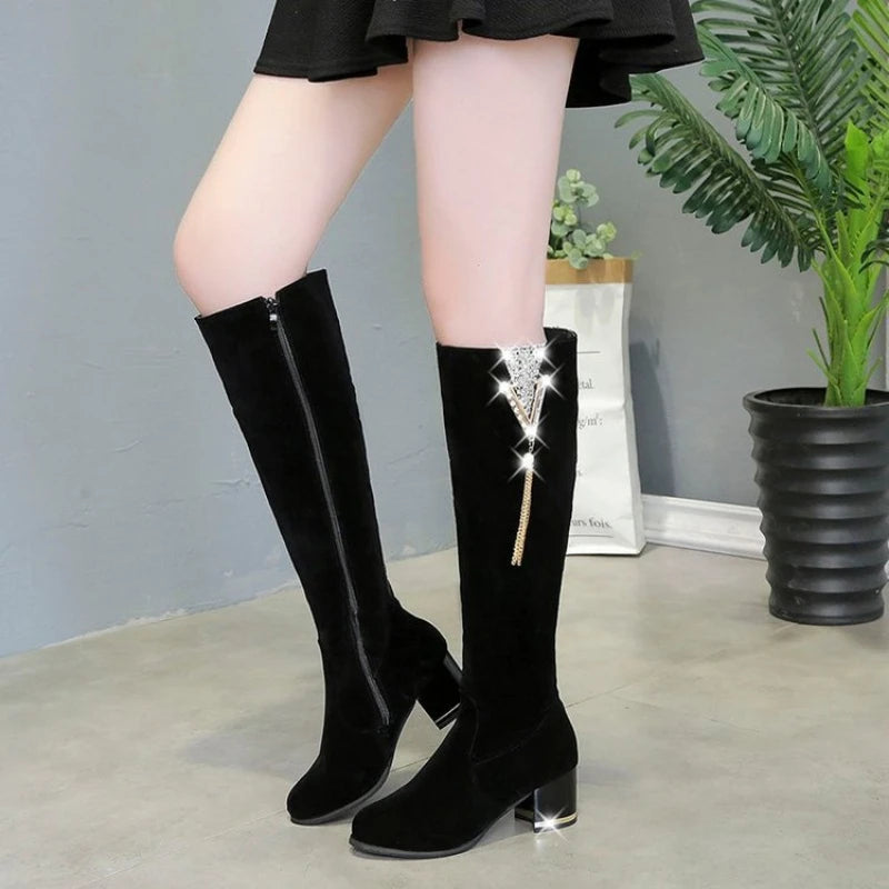 Heels Women's Boots Side Zippers  Women's Long Boots Thick Heels High Shoes for Women High Heels  Autumn Winter New