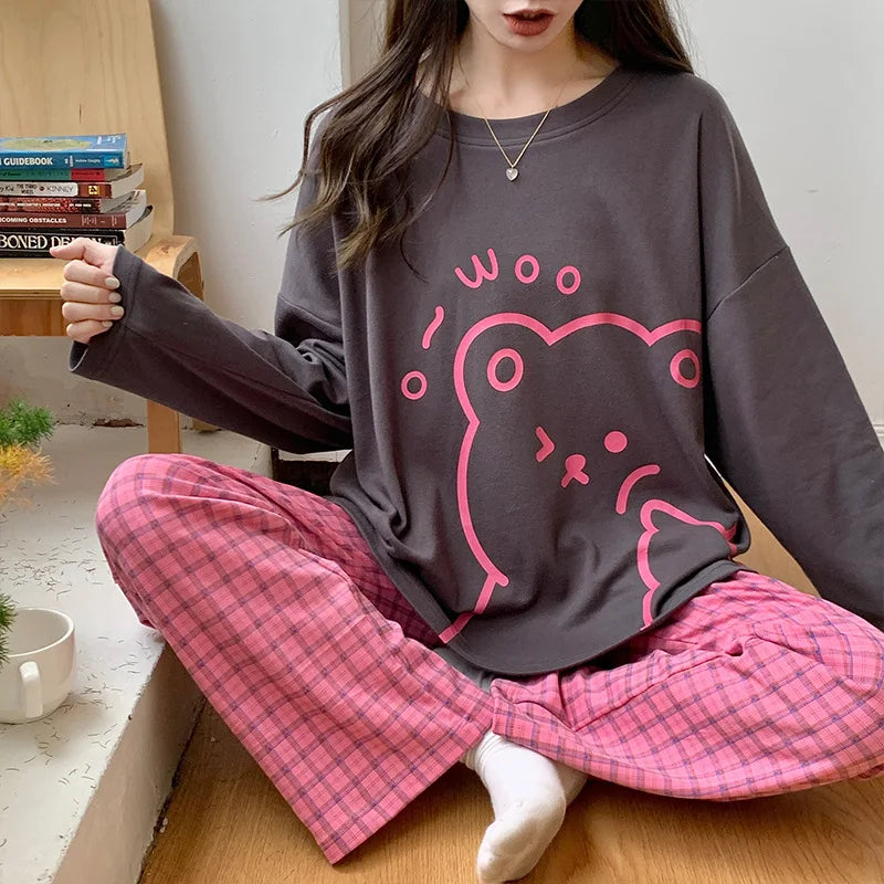 Women's Fall Winter Pajamas Women's Long-sleeved Pants Leisure Suit Women's Homewear Combed Cotton Cute Cartoon Homewear Suit Ms