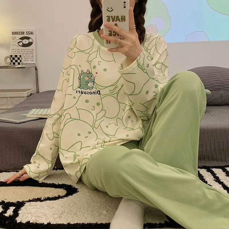 Women's Fall Winter Pajamas Women's Long-sleeved Pants Leisure Suit Women's Homewear Combed Cotton Cute Cartoon Homewear Suit Ms