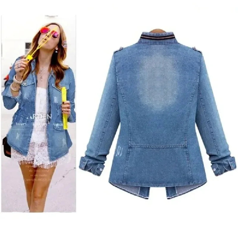 Ripped Stand Collar Long Sleeve Women Slim Washed Denim Jackets Coat Cardigan Spliced Distressed Outerwear Casual Zipper