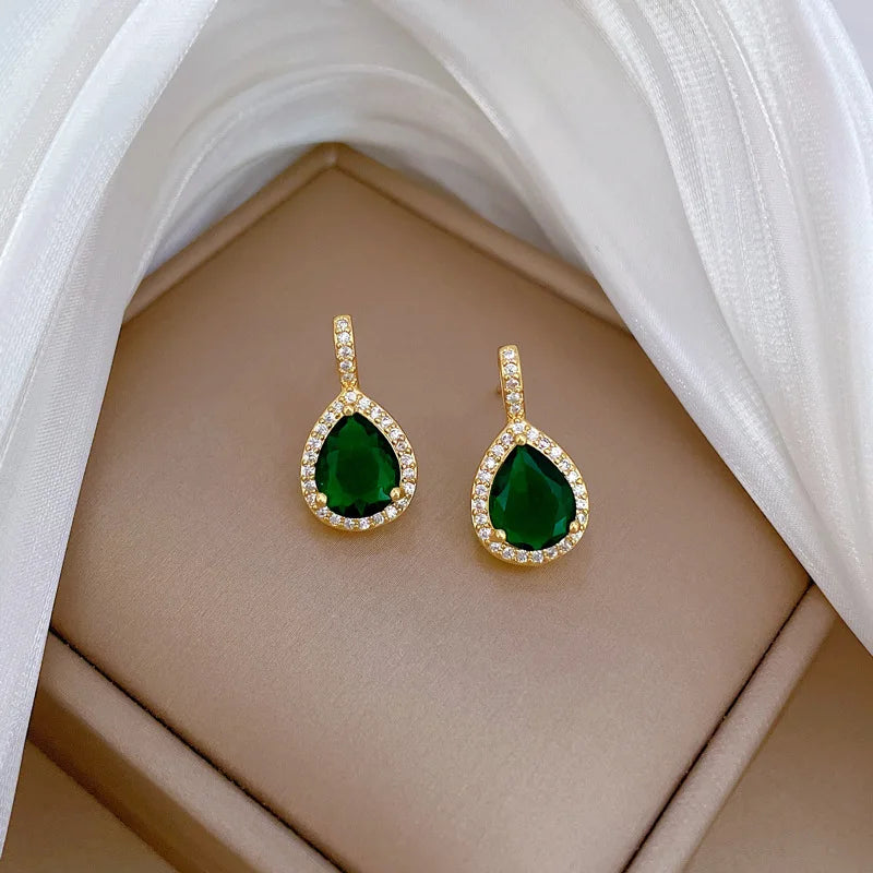 Luxury Water Drop with Green Stone Pendant Necklace Earrings Set for Women Trend Crystal Stainless Steel Jewelry Sets Party Gift