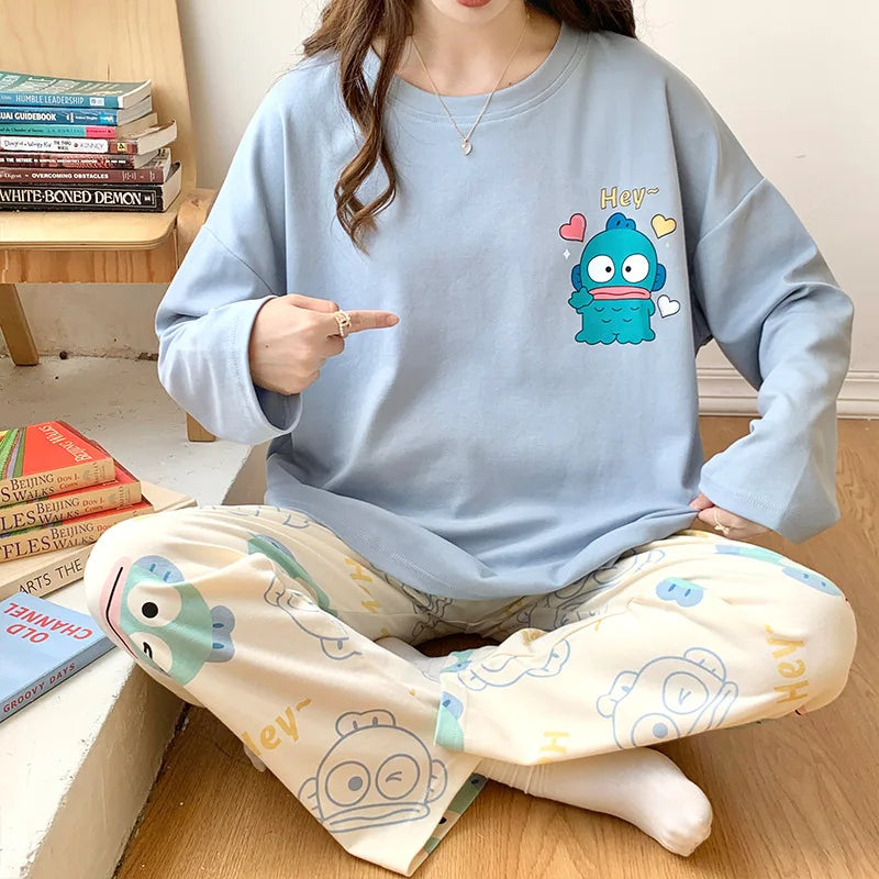 Women's Fall Winter Pajamas Women's Long-sleeved Pants Leisure Suit Women's Homewear Combed Cotton Cute Cartoon Homewear Suit Ms