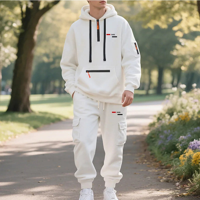 Winter men's fleece hooded sweatshirt, loose casual sports workwear jacket, half zip sweatshirt, couple style fashionable sports