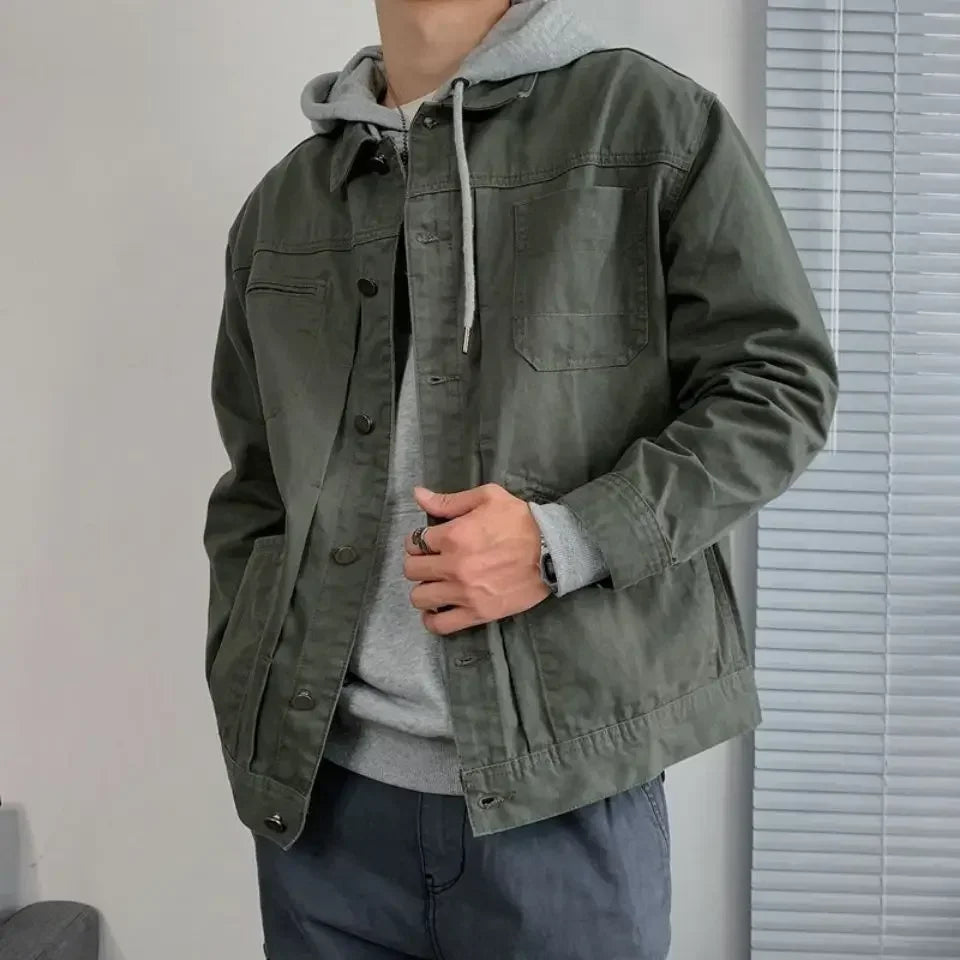 Warm Padded Autumn Khaki Denim Jackets Man Cargo Black Button Padding Jeans Coat for Men with Sheep Wool Cowgirl Loose Vintage G