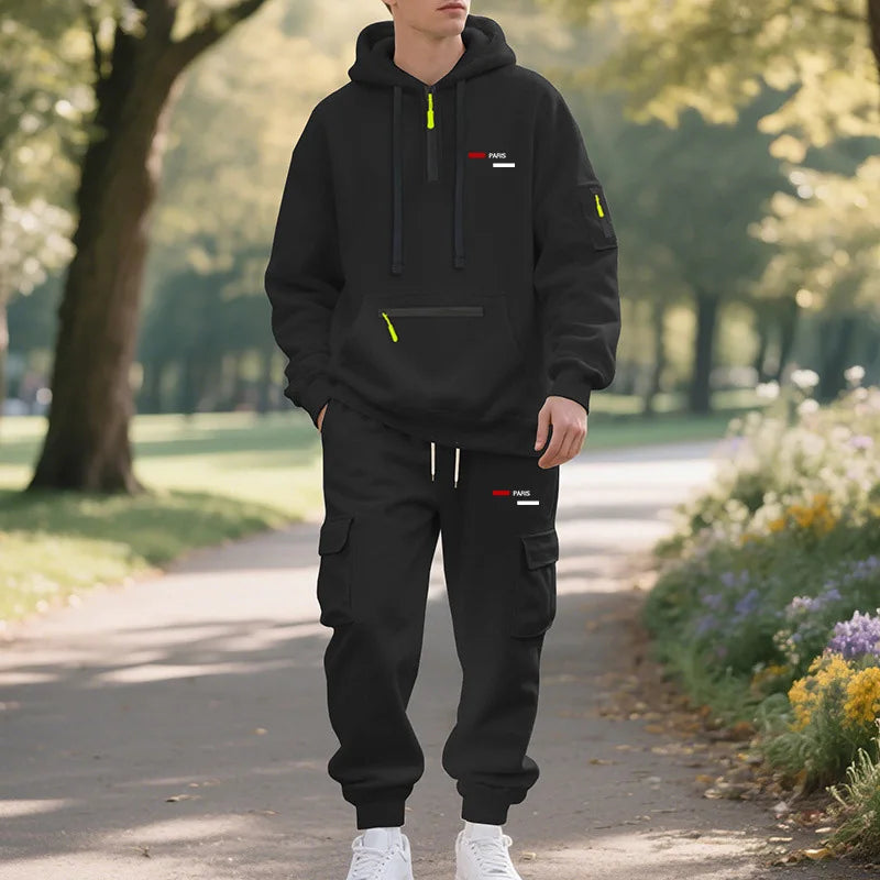 Winter men's fleece hooded sweatshirt, loose casual sports workwear jacket, half zip sweatshirt, couple style fashionable sports