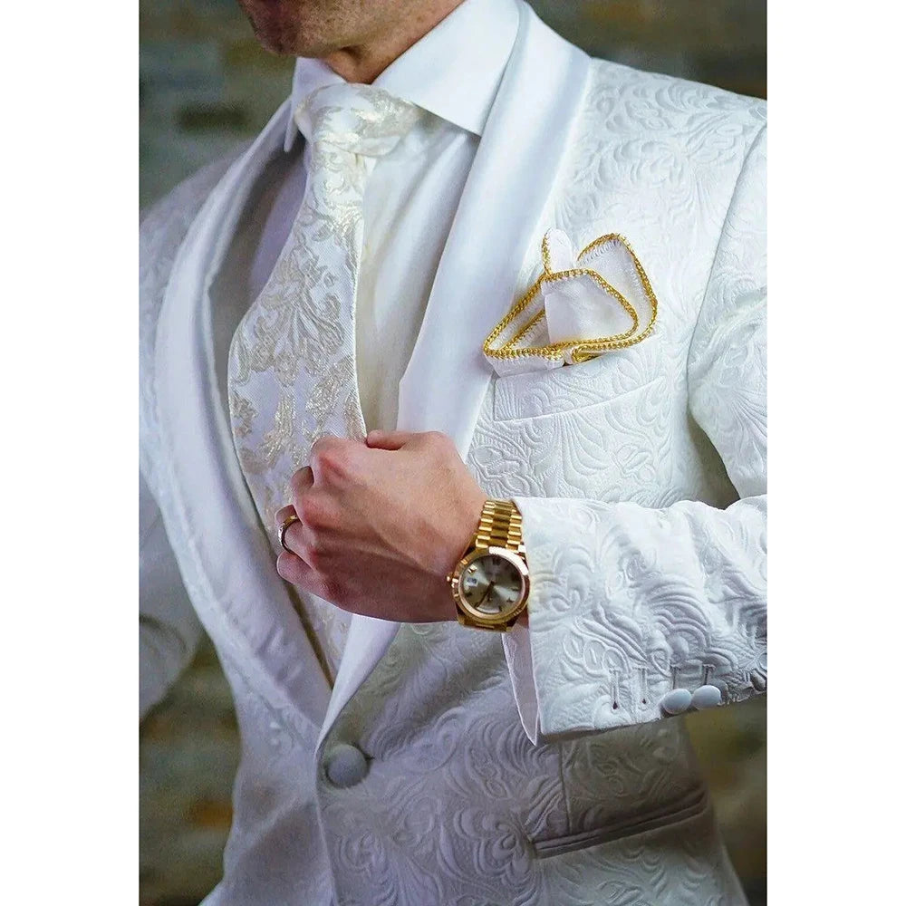 Handsome Men Suits White Jacquard One Button Shawl Lapel Slim Fit Blazer Elegant Business Prom Party 2 Piece Jacket Pants Sets