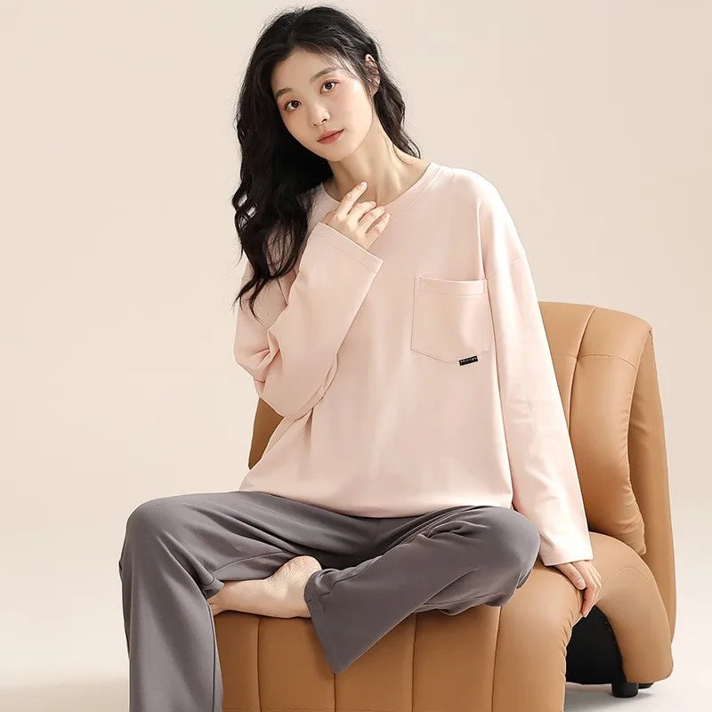 Women's Fall Winter Pajamas Women's Long-sleeved Pants Leisure Suit Women's Homewear Combed Cotton Cute Cartoon Homewear Suit Ms