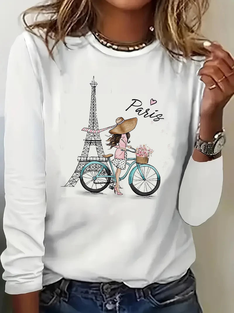 Long Sleeved Top Y2k Paris Girl with Bike T Shirt Women's Casual Long Sleeve T-Shirt Crew Neck Top Tee Tshirt