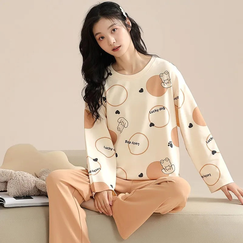 Women's Fall Winter Pajamas Women's Long-sleeved Pants Leisure Suit Women's Homewear Combed Cotton Cute Cartoon Homewear Suit Ms