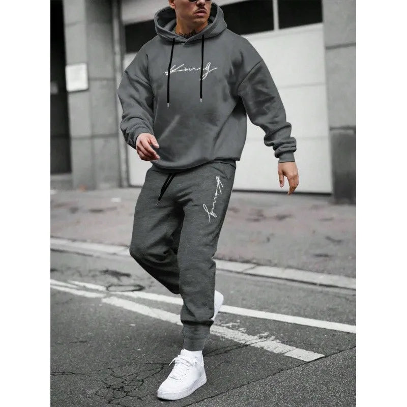 Fashionable cross-border winter new men's pullover hooded set, printed logo letters, loose-fitting hooded jacket