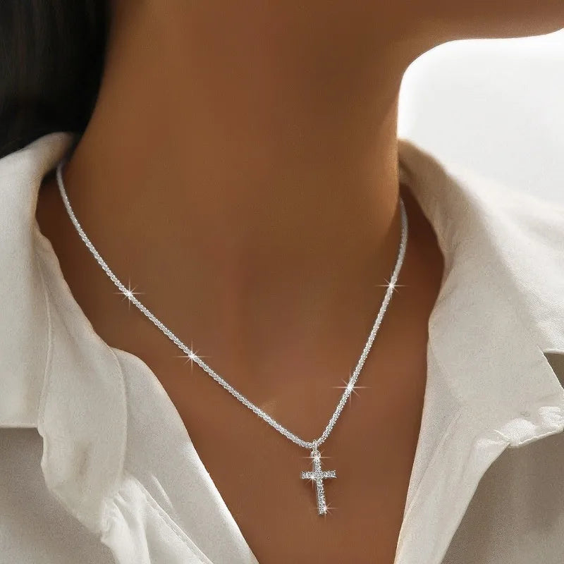 Sparkling 925 Sterling Silver Gypsophila Necklace Bracelet Set For Women Luxury Zircon Cross Pendant Three Piece Jewelry Set