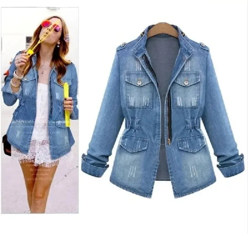 Ripped Stand Collar Long Sleeve Women Slim Washed Denim Jackets Coat Cardigan Spliced Distressed Outerwear Casual Zipper