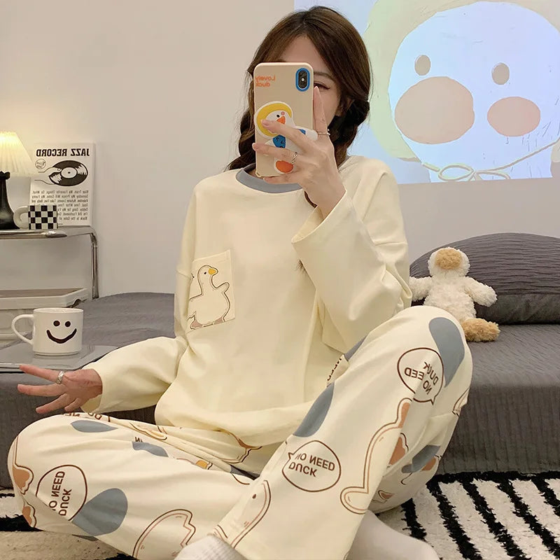 Women's Fall Winter Pajamas Women's Long-sleeved Pants Leisure Suit Women's Homewear Combed Cotton Cute Cartoon Homewear Suit Ms