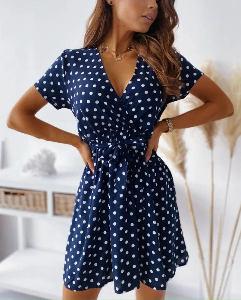Women's Polka Dot Printed Short Sleeved Casual Dress Fashionable V-neck Belt Commuting Dress Holiday Party Women's Dress